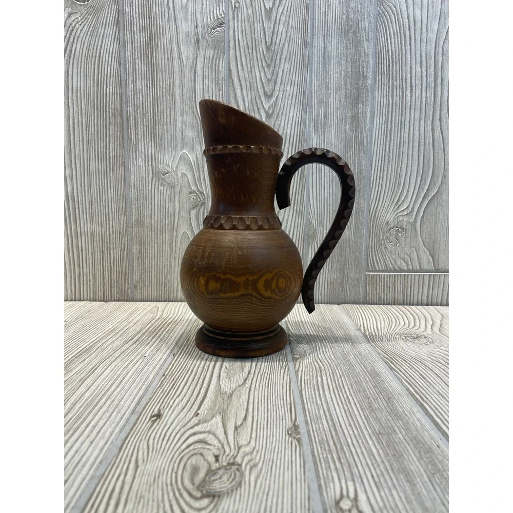 Dobin Brienz Hand Carved Wooden Pitcher Vintage Swiss Folk Art Wood Vase 10in